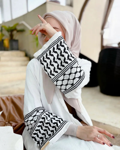 LM046 Keffiyeh Inspired Modest Kimono Abaya | Belt & Tassels Design - LM046-White-S (52) LumosModesty