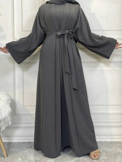 LM048 Crepe Jazz Abaya Set 4-Piece Hijab, Slip, Belt | Lightweight Modest Summer Outfit - LM048-Coffee Brown-S (52) LumosModesty