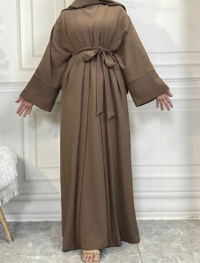 LM048 Crepe Jazz Abaya Set 4-Piece Hijab, Slip, Belt | Lightweight Modest Summer Outfit - LM048-Coffee Brown-S (52) LumosModesty