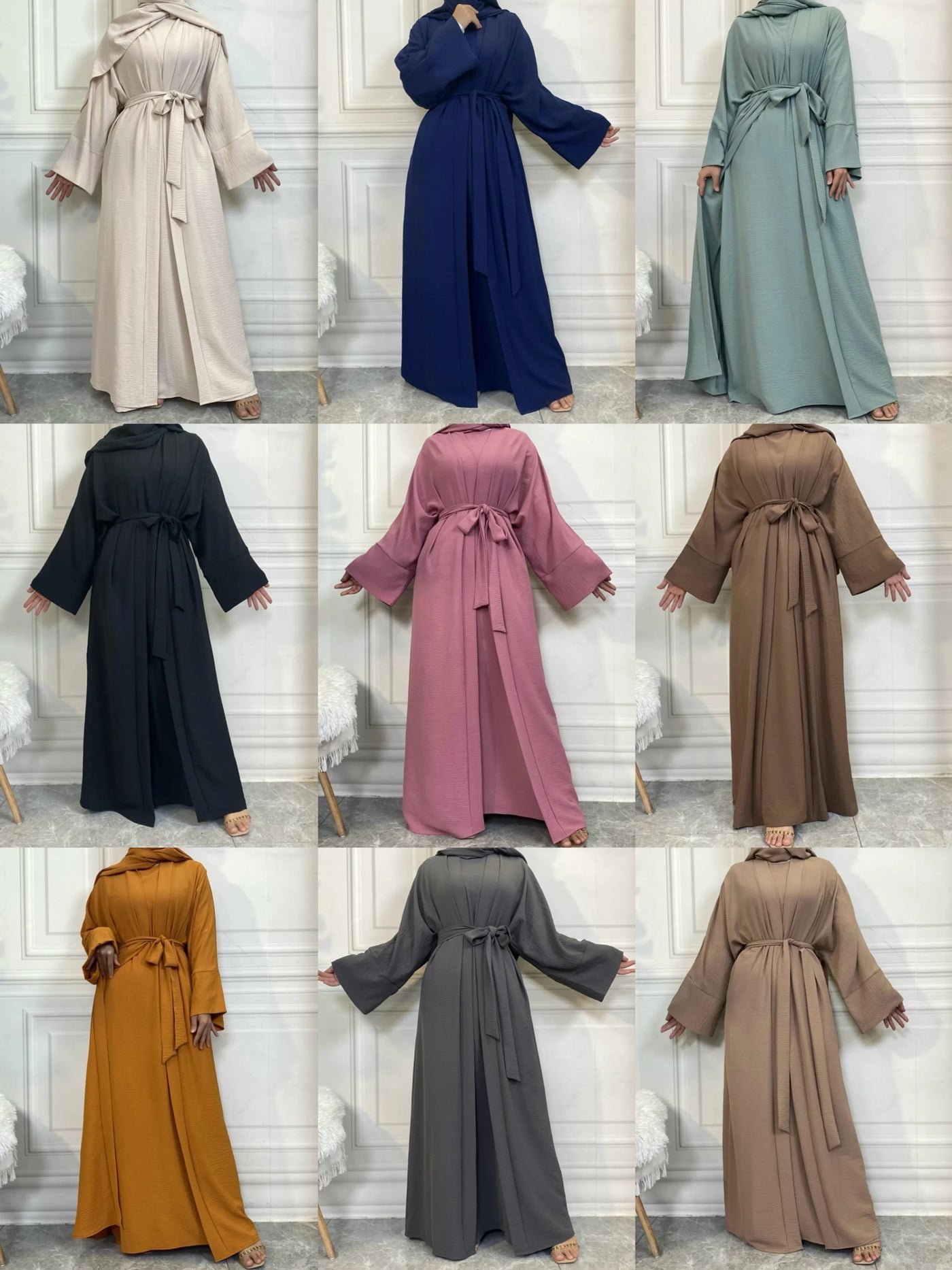 LM048 Crepe Jazz Abaya Set 4-Piece Hijab, Slip, Belt | Lightweight Modest Summer Outfit - LM048-Coffee Brown-S (52) LumosModesty