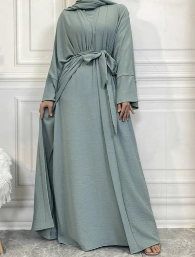 LM048 Crepe Jazz Abaya Set 4-Piece Hijab, Slip, Belt | Lightweight Modest Summer Outfit - LM048-Coffee Brown-S (52) LumosModesty