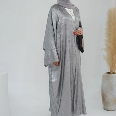 LM051 Elegant Luxury Metallic Open Abaya Kaftan Dress for EID 2024 - LM051-SAGE-S (52)-1 LumosModesty