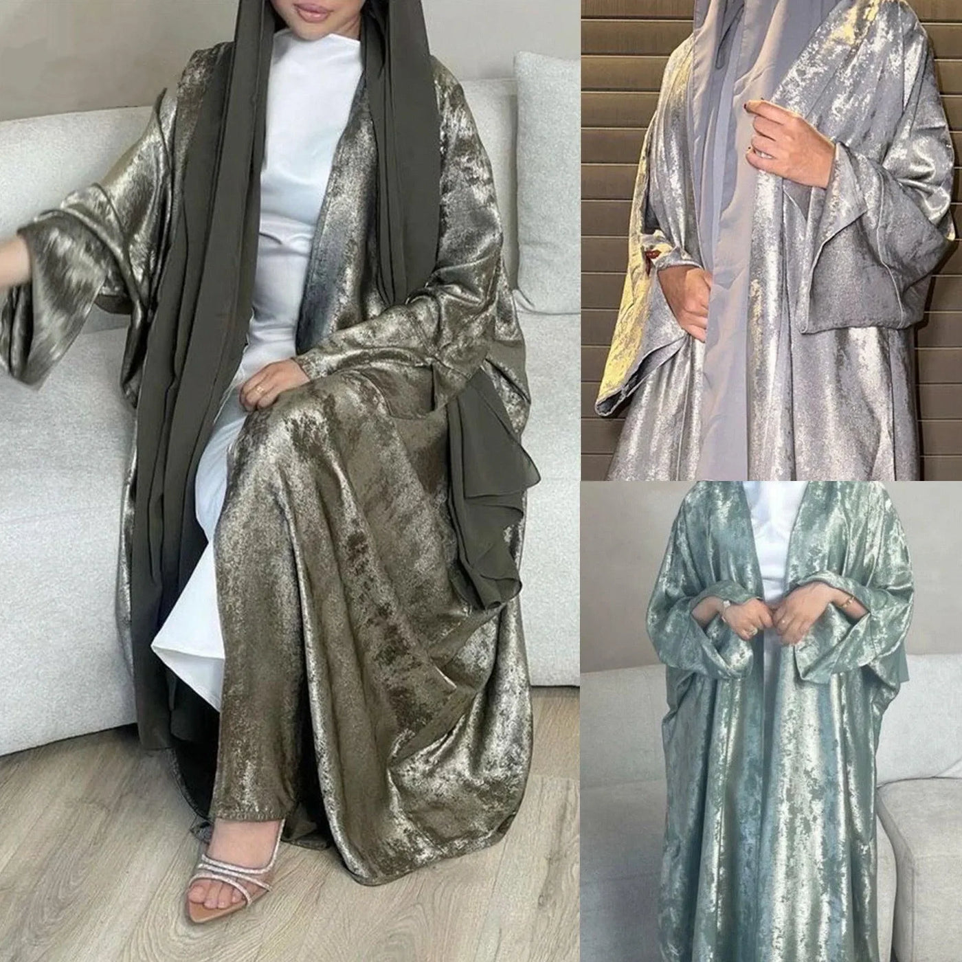 LM051 Elegant Luxury Metallic Open Abaya Kaftan Dress for EID 2024 - LM051-SAGE-S (52)-1 LumosModesty