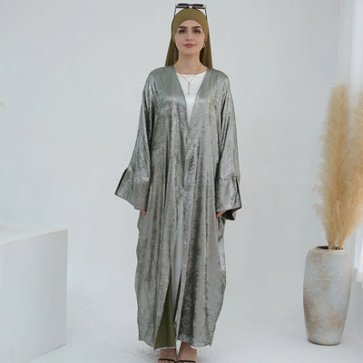 LM051 Elegant Luxury Metallic Open Abaya Kaftan Dress for EID 2024 - LM051-SAGE-S (52)-1 LumosModesty