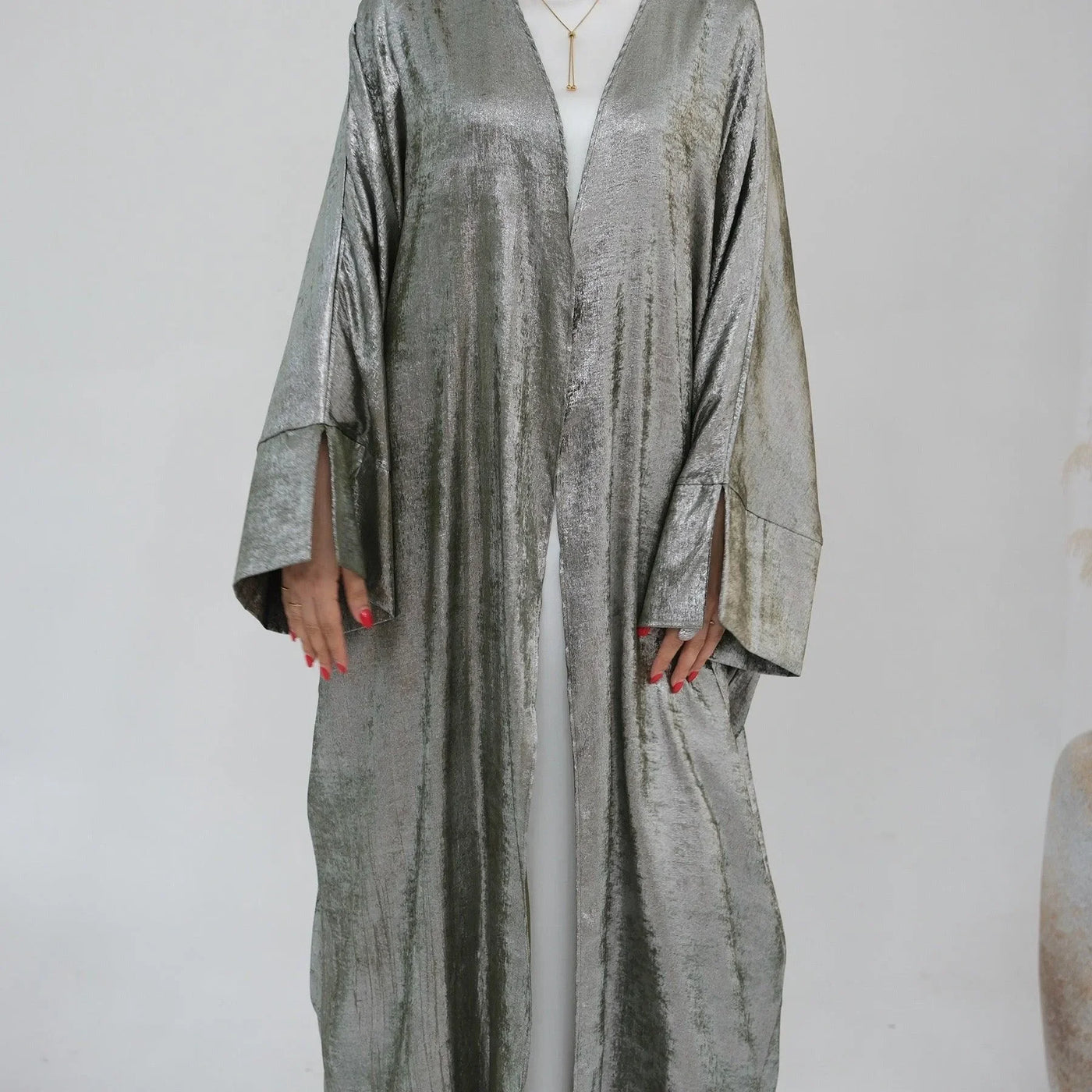 LM051 Elegant Luxury Metallic Open Abaya Kaftan Dress for EID 2024 - LM051-SAGE-S (52)-1 LumosModesty