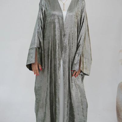 LM051 Elegant Luxury Metallic Open Abaya Kaftan Dress for EID 2024 - LM051-SAGE-S (52)-1 LumosModesty