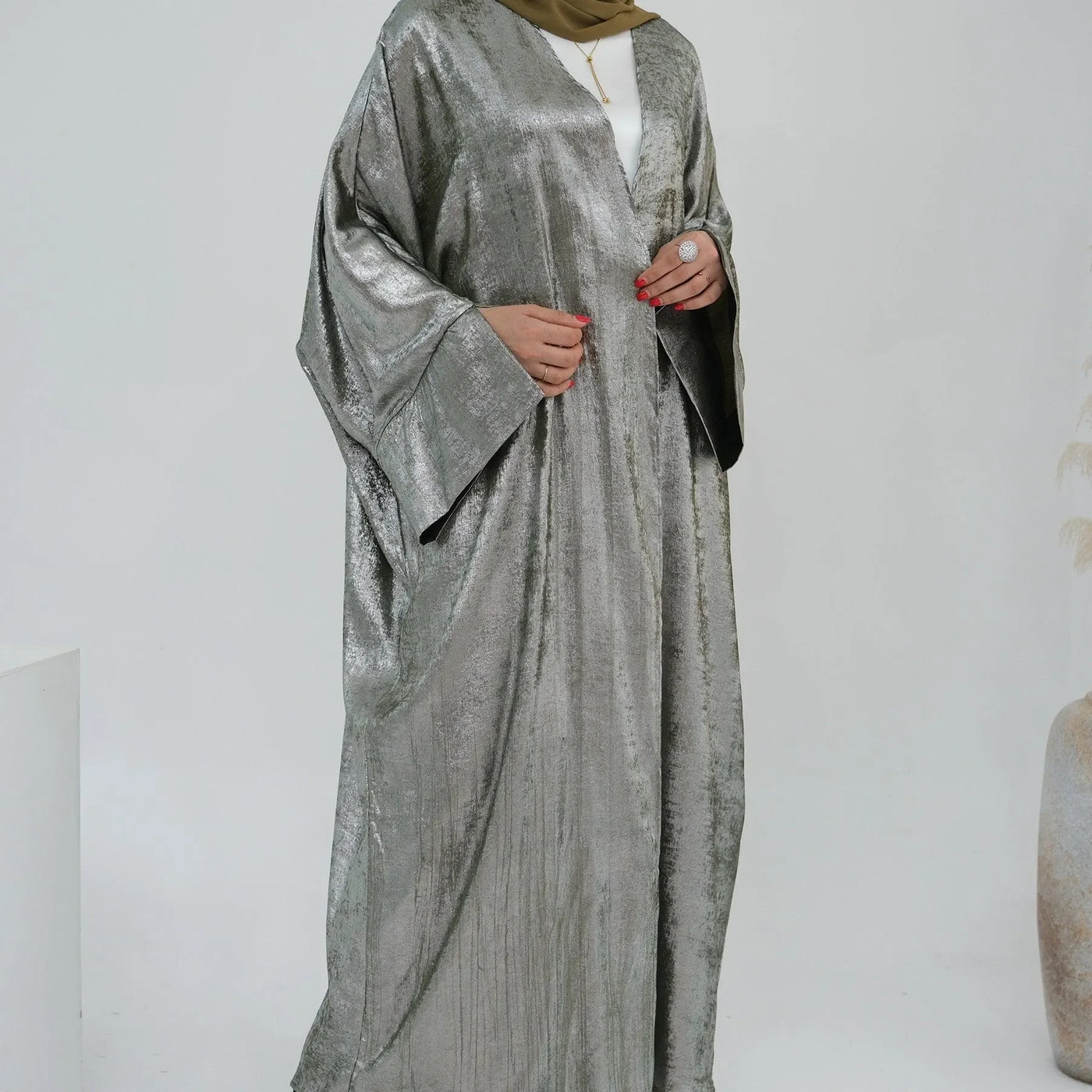 LM051 Elegant Luxury Metallic Open Abaya Kaftan Dress for EID 2024 - LM051-SAGE-S (52)-1 LumosModesty