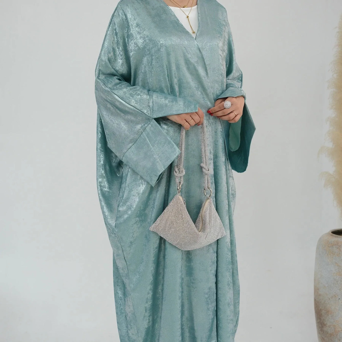LM051 Elegant Luxury Metallic Open Abaya Kaftan Dress for EID 2024 - LM051-SAGE-S (52)-1 LumosModesty