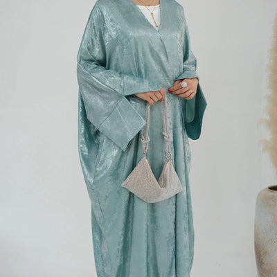LM051 Elegant Luxury Metallic Open Abaya Kaftan Dress for EID 2024 - LM051-SAGE-S (52)-1 LumosModesty