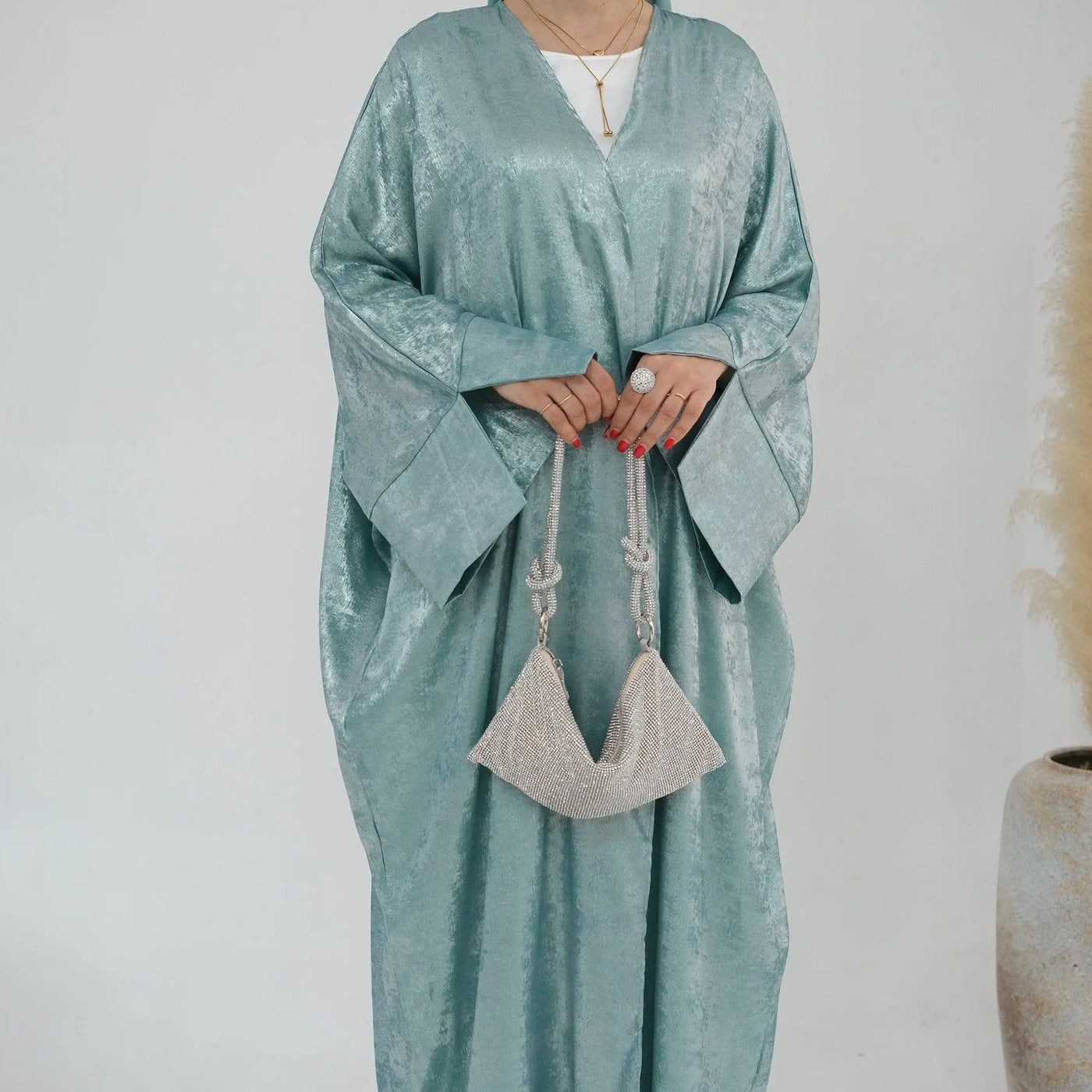 LM051 Elegant Luxury Metallic Open Abaya Kaftan Dress for EID 2024 - LM051-SAGE-S (52)-1 LumosModesty