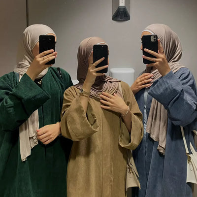 LM052 Corduroy Winter Open Abaya | Thick Modest Cardigan with Closed Sleeves - LM052-Emerald-S (52)-1 LumosModesty