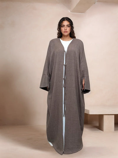 LM053 Modest Tie Kimono Cardigan – Crepe Linen Look Open Abaya Style - LM053-Burgundy-S (52)-Cardigan Only LumosModesty