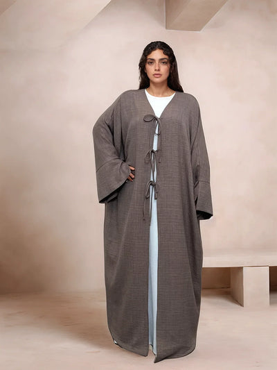 LM053 Modest Tie Kimono Cardigan – Crepe Linen Look Open Abaya Style - LM053-Burgundy-S (52)-Cardigan Only LumosModesty