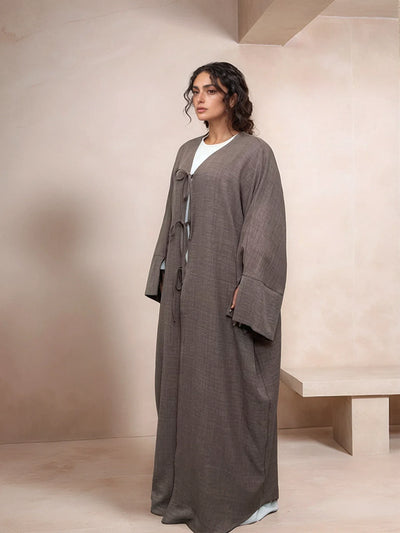 LM053 Modest Tie Kimono Cardigan – Crepe Linen Look Open Abaya Style - LM053-Burgundy-S (52)-Cardigan Only LumosModesty