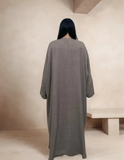 LM053 Modest Tie Kimono Cardigan – Crepe Linen Look Open Abaya Style - LM053-Burgundy-S (52)-Cardigan Only LumosModesty