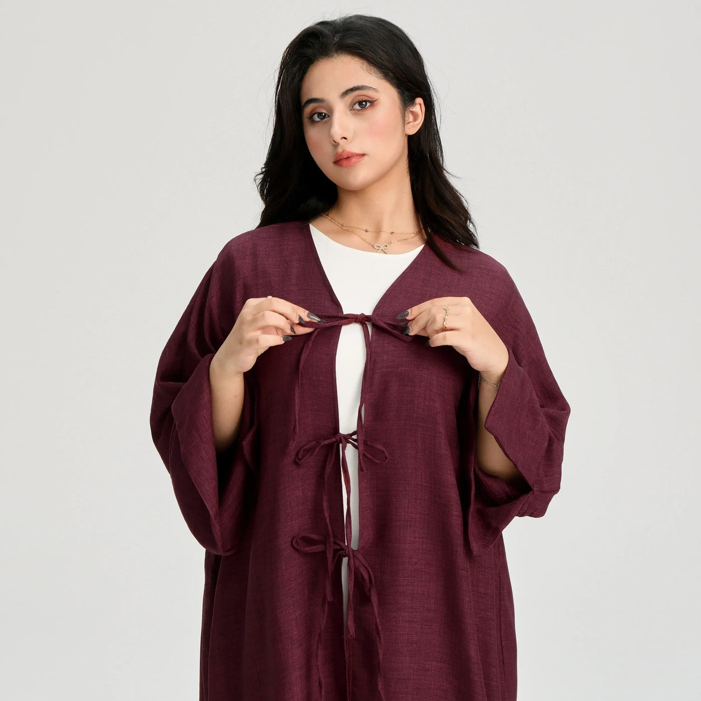 LM053 Modest Tie Kimono Cardigan – Crepe Linen Look Open Abaya Style - LM053-Burgundy-S (52)-Cardigan Only LumosModesty