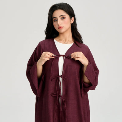 LM053 Modest Tie Kimono Cardigan – Crepe Linen Look Open Abaya Style - LM053-Burgundy-S (52)-Cardigan Only LumosModesty