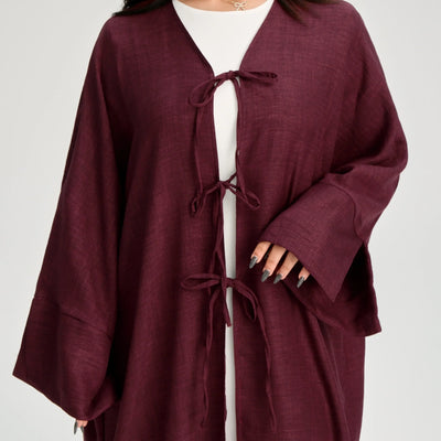 LM053 Modest Tie Kimono Cardigan – Crepe Linen Look Open Abaya Style - LM053-Burgundy-S (52)-Cardigan Only LumosModesty