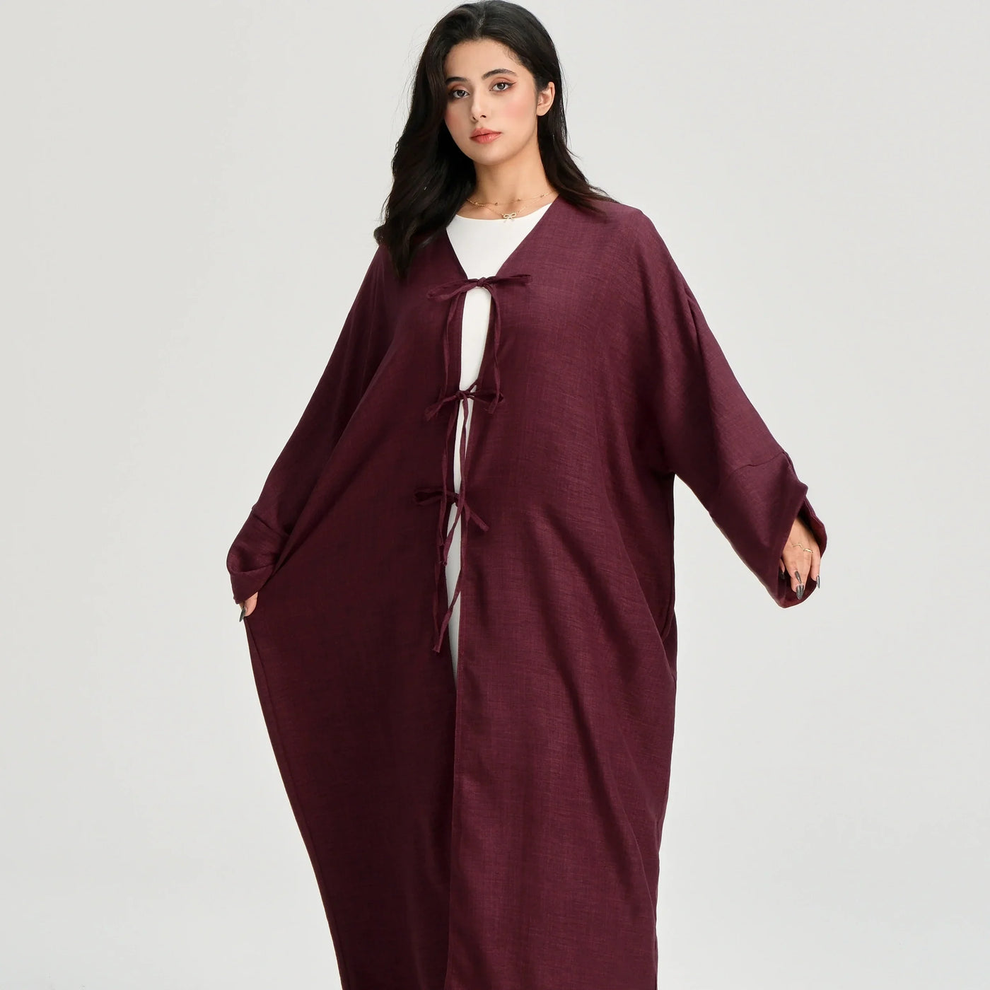 LM053 Modest Tie Kimono Cardigan – Crepe Linen Look Open Abaya Style - LM053-Burgundy-S (52)-Cardigan Only LumosModesty