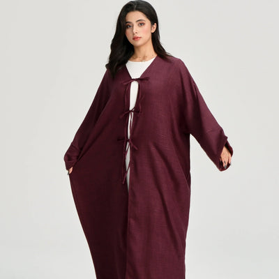 LM053 Modest Tie Kimono Cardigan – Crepe Linen Look Open Abaya Style - LM053-Burgundy-S (52)-Cardigan Only LumosModesty