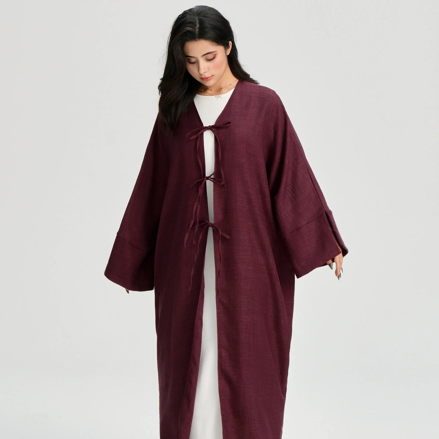 LM053 Modest Tie Kimono Cardigan – Crepe Linen Look Open Abaya Style - LM053-Burgundy-S (52)-Cardigan Only LumosModesty