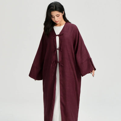 LM053 Modest Tie Kimono Cardigan – Crepe Linen Look Open Abaya Style - LM053-Burgundy-S (52)-Cardigan Only LumosModesty