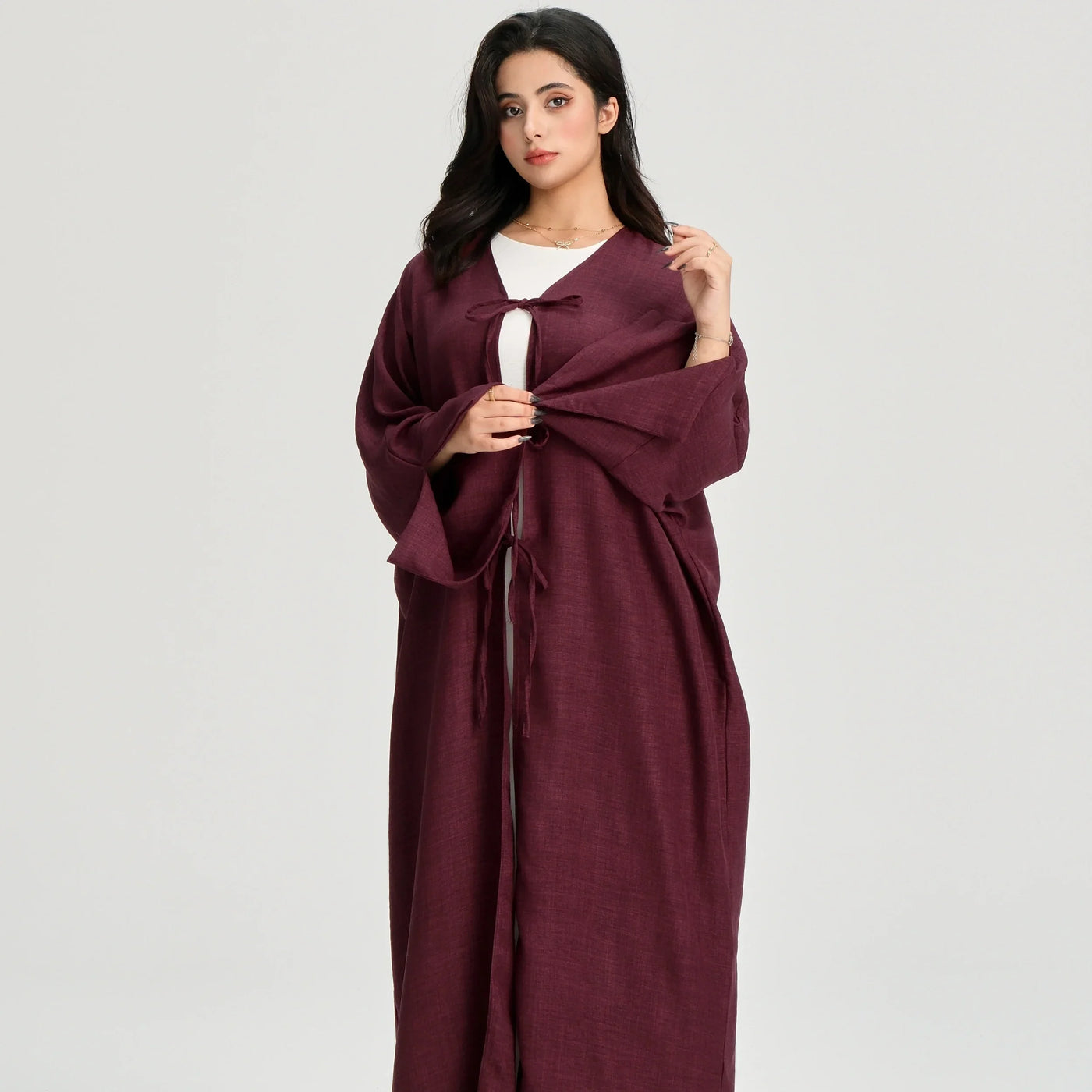 LM053 Modest Tie Kimono Cardigan – Crepe Linen Look Open Abaya Style - LM053-Burgundy-S (52)-Cardigan Only LumosModesty