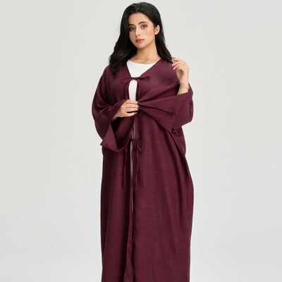 LM053 Modest Tie Kimono Cardigan – Crepe Linen Look Open Abaya Style - LM053-Burgundy-S (52)-Cardigan Only LumosModesty