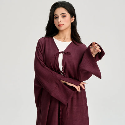LM053 Modest Tie Kimono Cardigan – Crepe Linen Look Open Abaya Style - LM053-Burgundy-S (52)-Cardigan Only LumosModesty