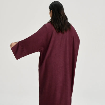 LM053 Modest Tie Kimono Cardigan – Crepe Linen Look Open Abaya Style - LM053-Burgundy-S (52)-Cardigan Only LumosModesty