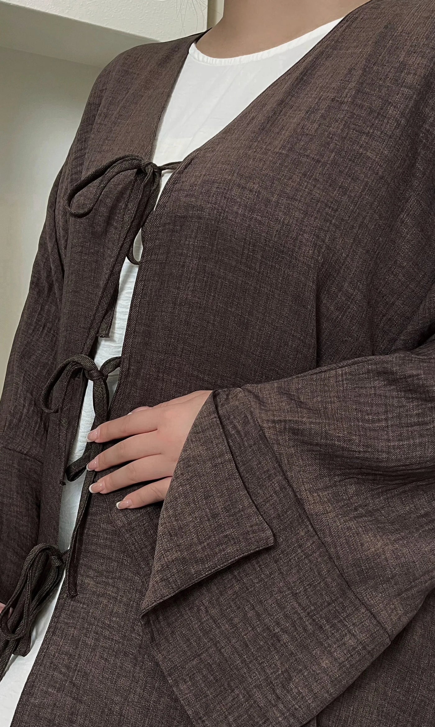 LM053 Modest Tie Kimono Cardigan – Crepe Linen Look Open Abaya Style - LM053-Burgundy-S (52)-Cardigan Only LumosModesty