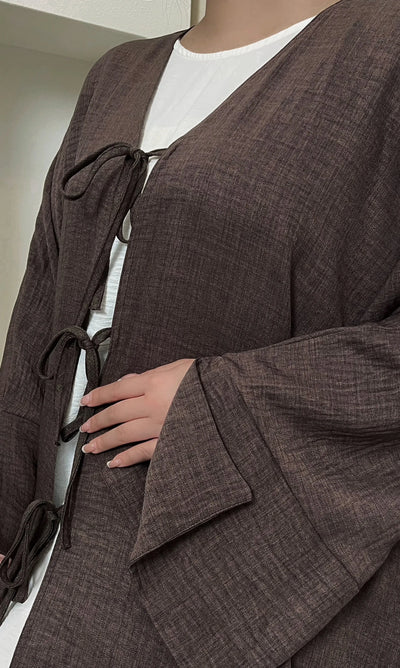 LM053 Modest Tie Kimono Cardigan – Crepe Linen Look Open Abaya Style - LM053-Burgundy-S (52)-Cardigan Only LumosModesty