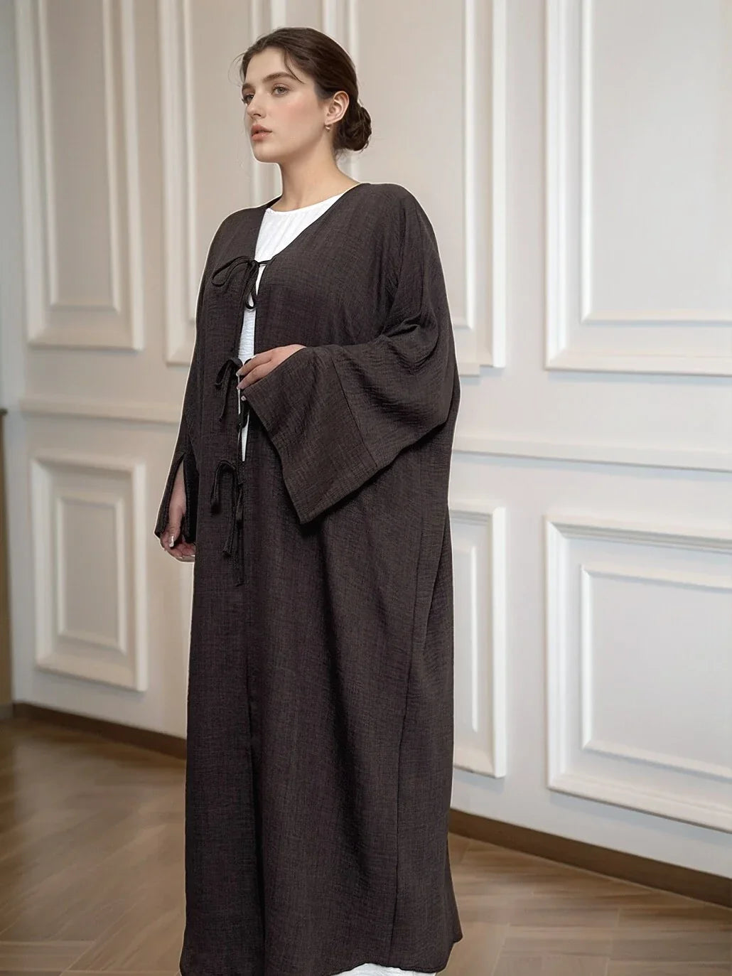 LM053 Modest Tie Kimono Cardigan – Crepe Linen Look Open Abaya Style - LM053-Burgundy-S (52)-Cardigan Only LumosModesty