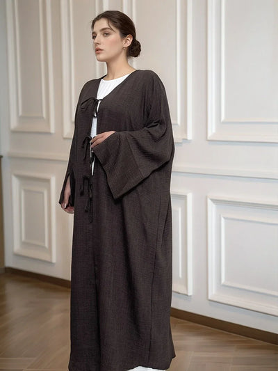 LM053 Modest Tie Kimono Cardigan – Crepe Linen Look Open Abaya Style - LM053-Burgundy-S (52)-Cardigan Only LumosModesty