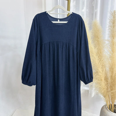 LM057 Winter Corduroy Abaya Dress Reversible Balloon Sleeves & A-Line Silhouette Thick Warm Modest Fashion - LM057-Cream-S (52) LumosModesty