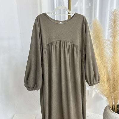 LM057 Winter Corduroy Abaya Dress Reversible Balloon Sleeves & A-Line Silhouette Thick Warm Modest Fashion - LM057-Cream-S (52) LumosModesty
