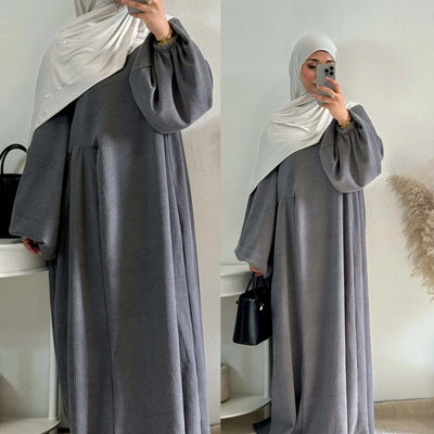 LM057 Winter Corduroy Abaya Dress Reversible Balloon Sleeves & A-Line Silhouette Thick Warm Modest Fashion - LM057-Cream-S (52) LumosModesty