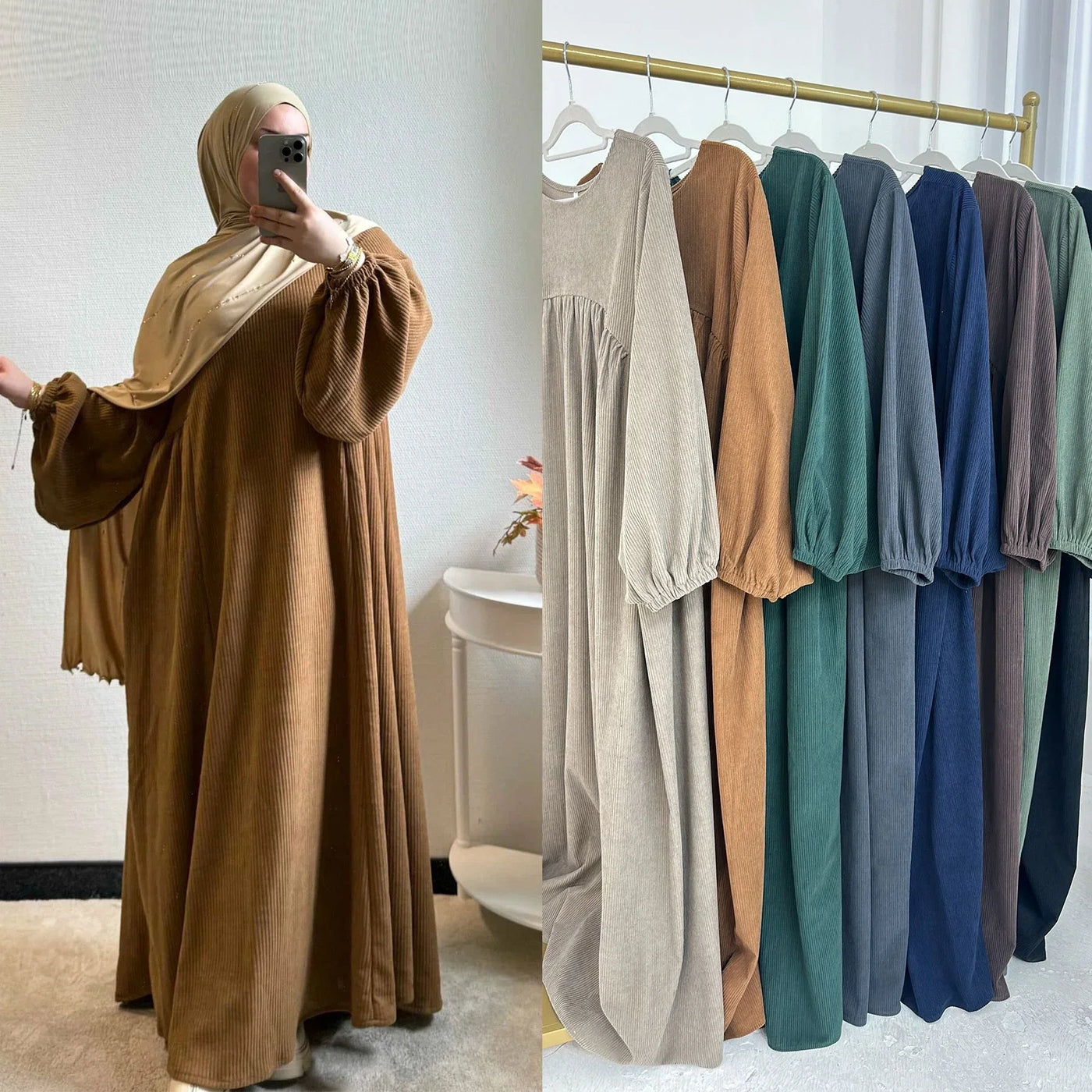 LM057 Winter Corduroy Abaya Dress Reversible Balloon Sleeves & A-Line Silhouette Thick Warm Modest Fashion - LM057-Cream-S (52) LumosModesty