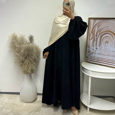 LM057 Winter Corduroy Abaya Dress Reversible Balloon Sleeves & A-Line Silhouette Thick Warm Modest Fashion - LM057-Cream-S (52) LumosModesty