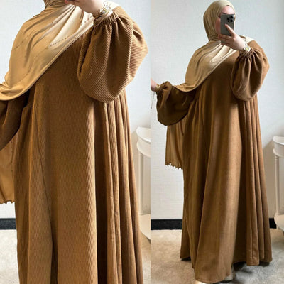 LM057 Winter Corduroy Abaya Dress Reversible Balloon Sleeves & A-Line Silhouette Thick Warm Modest Fashion - LM057-Cream-S (52) LumosModesty