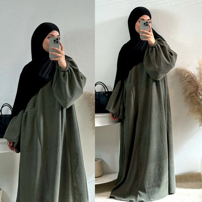 LM057 Winter Corduroy Abaya Dress Reversible Balloon Sleeves & A-Line Silhouette Thick Warm Modest Fashion - LM057-Cream-S (52) LumosModesty