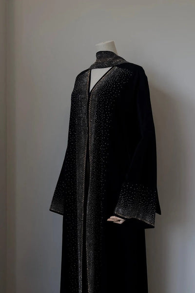 LM061 Galaxy Glitter Abaya with Rhinestone and Diamond Embellishments and Belt | Modest Islamic Wear for Women - LM061-Black-S (52) LumosModesty