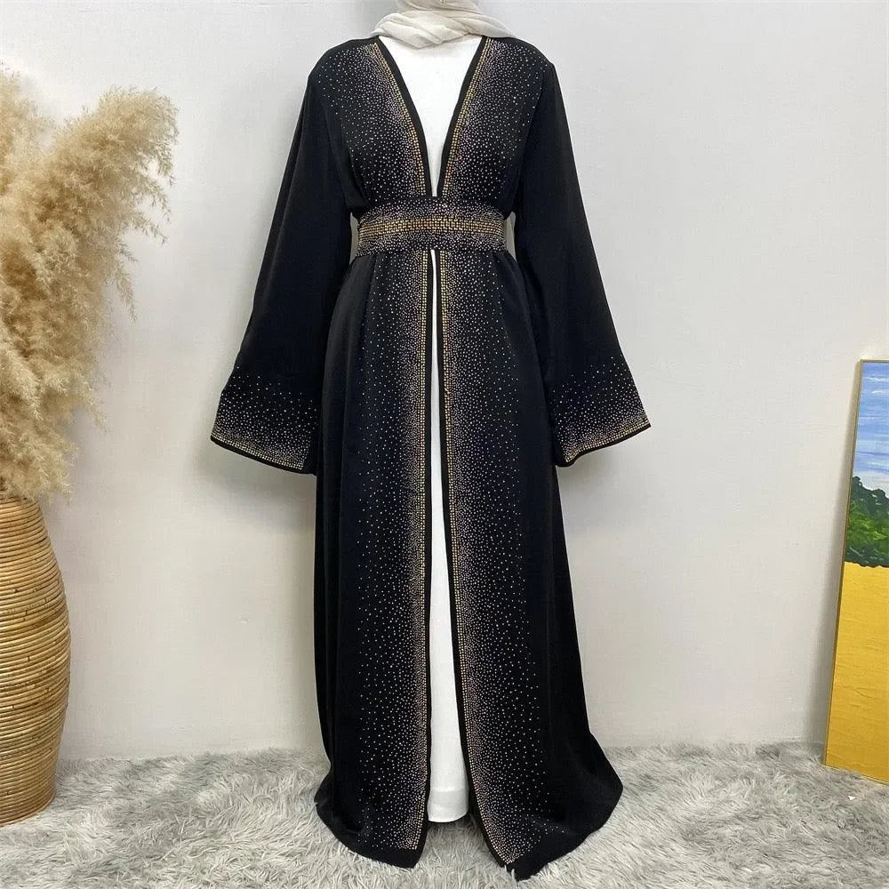 LM061 Galaxy Glitter Abaya with Rhinestone and Diamond Embellishments and Belt | Modest Islamic Wear for Women - LM061-Black-S (52) LumosModesty