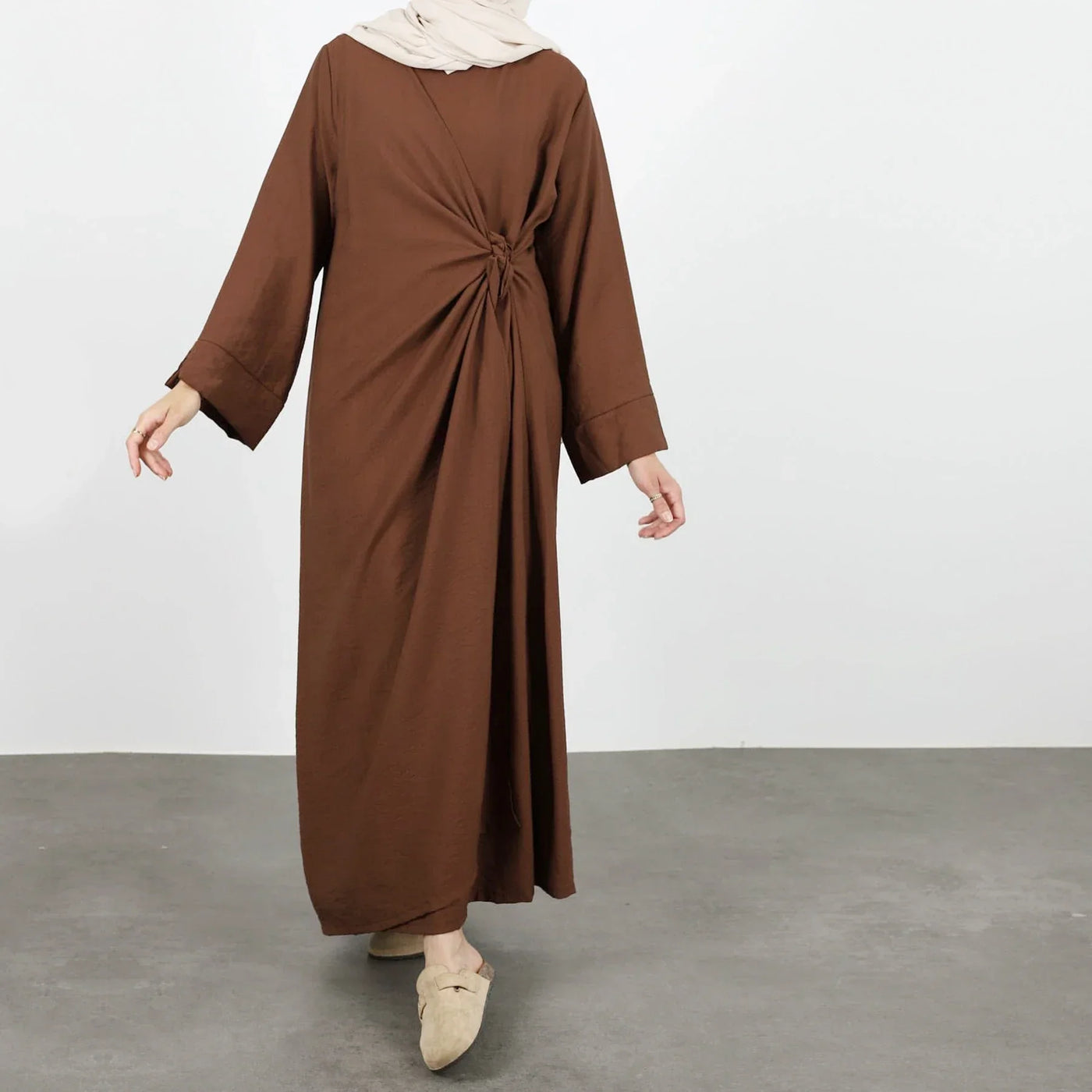 LM062 Kimono Tie Crepe Abaya Dress – Modest Jazz Fabric Style | Lightweight Everyday Wear - LM062-Apricot-S (52) LumosModesty