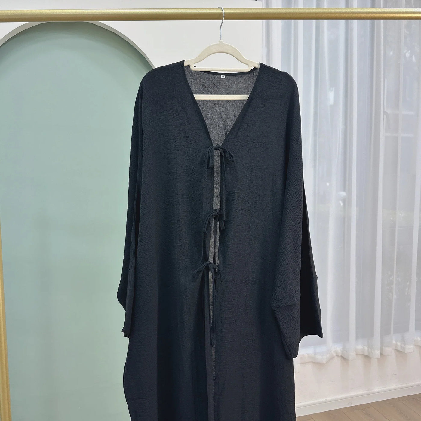 LM063 Summer Crepe Kimono Abaya with Jazz Tie | Lightweight Open Abaya for Women - LM063-Black-S (52)-Cardigan + White Inner LumosModesty
