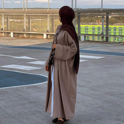 LM063 Summer Crepe Kimono Abaya with Jazz Tie | Lightweight Open Abaya for Women - LM063-Black-S (52)-Cardigan + White Inner LumosModesty