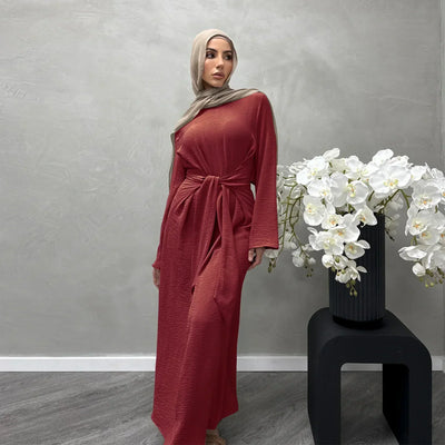 LM064 Summer 2025 Tie-Waist Abaya Dress Crepe Jazz One-Piece Modest Essential Lightweight Daily Hijab Outfit - LM064-Dark Coffee-S (52) LumosModesty