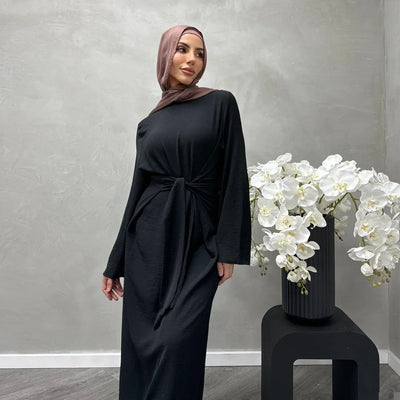 LM064 Summer 2025 Tie-Waist Abaya Dress Crepe Jazz One-Piece Modest Essential Lightweight Daily Hijab Outfit - LM064-Dark Coffee-S (52) LumosModesty