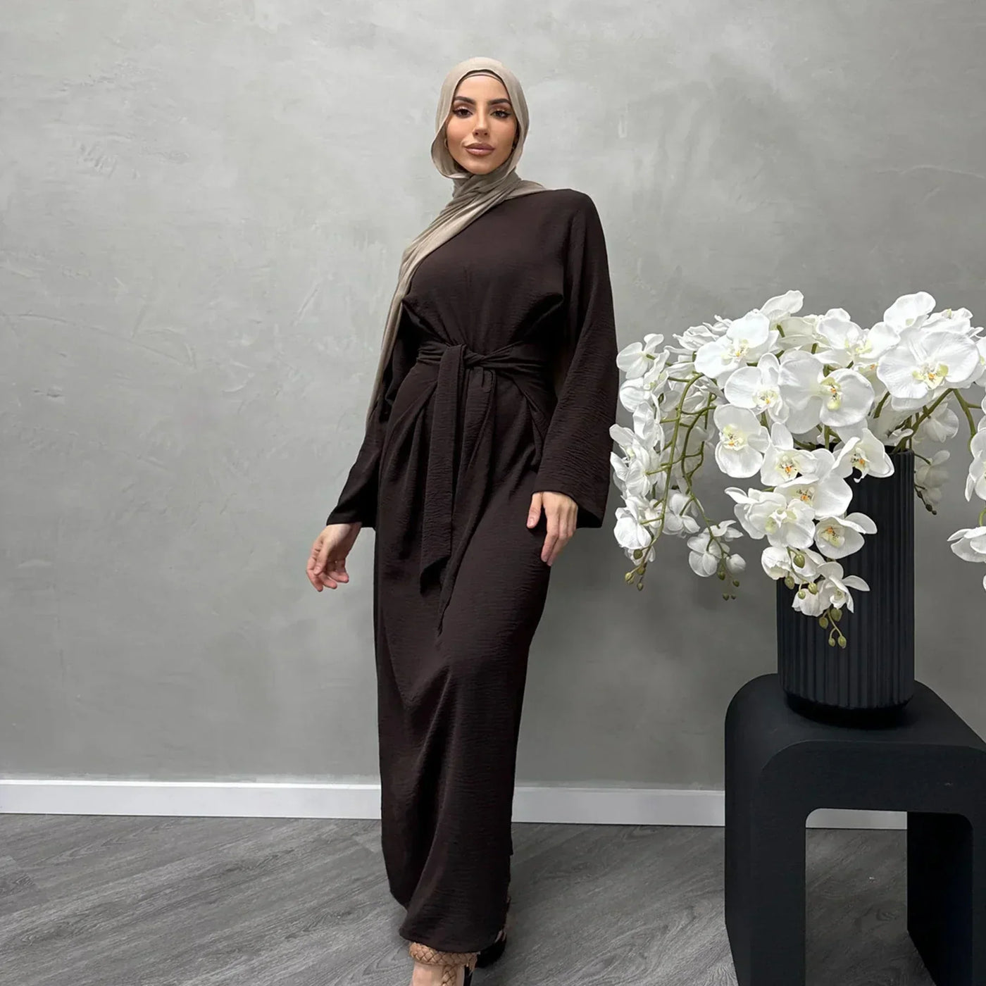 LM064 Summer 2025 Tie-Waist Abaya Dress Crepe Jazz One-Piece Modest Essential Lightweight Daily Hijab Outfit - LM064-Dark Coffee-S (52) LumosModesty