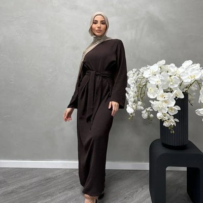 LM064 Summer 2025 Tie-Waist Abaya Dress Crepe Jazz One-Piece Modest Essential Lightweight Daily Hijab Outfit - LM064-Dark Coffee-S (52) LumosModesty